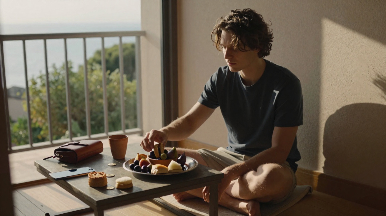 Young man in a dark t-shirt sitting cross-legged on the floor eating fruit from a plate on a low wooden table.