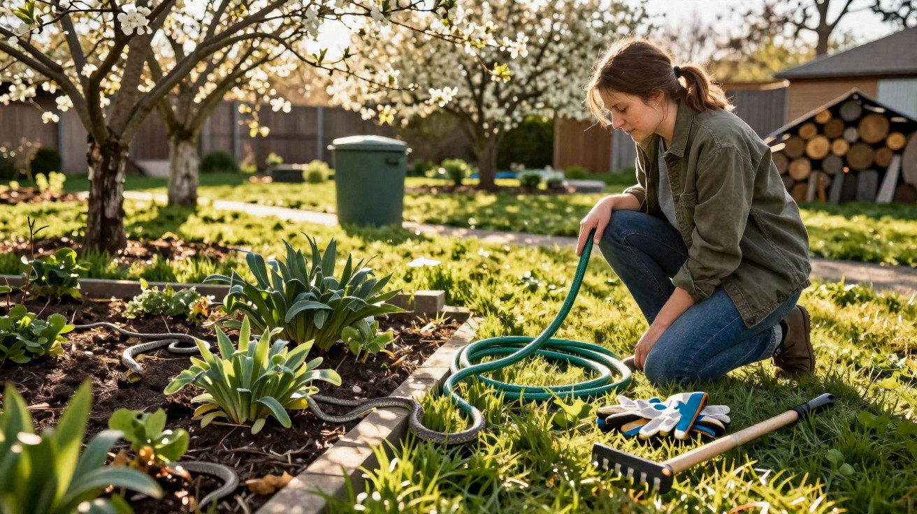 Woman squatting in garden beside hose and plants, tending to spring blossoms under sunny sky.