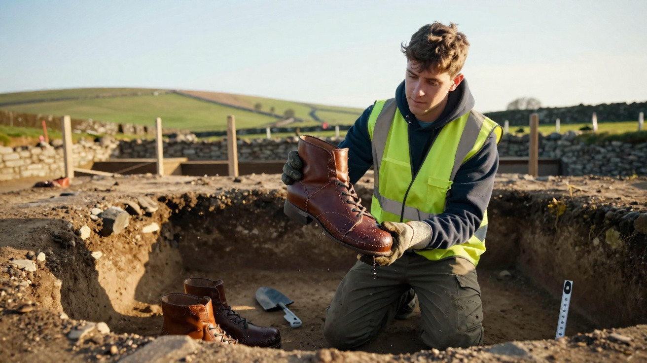 Archaeologist in hi-vis jacket examining a well-preserved boot at an excavation site in a rural area.