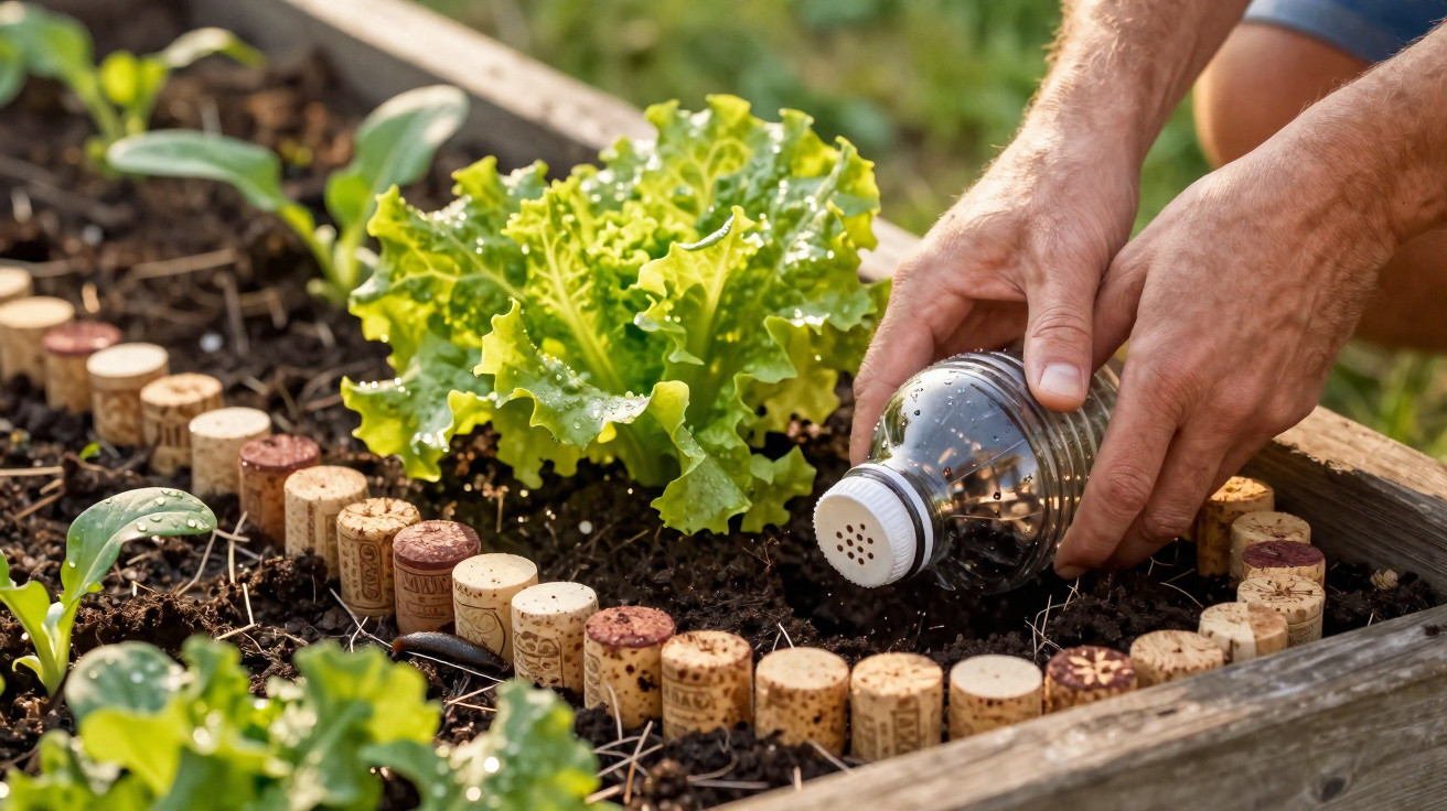 Hands scattering seeds from a shaker onto soil in a raised garden bed with lettuce and cork garden border.