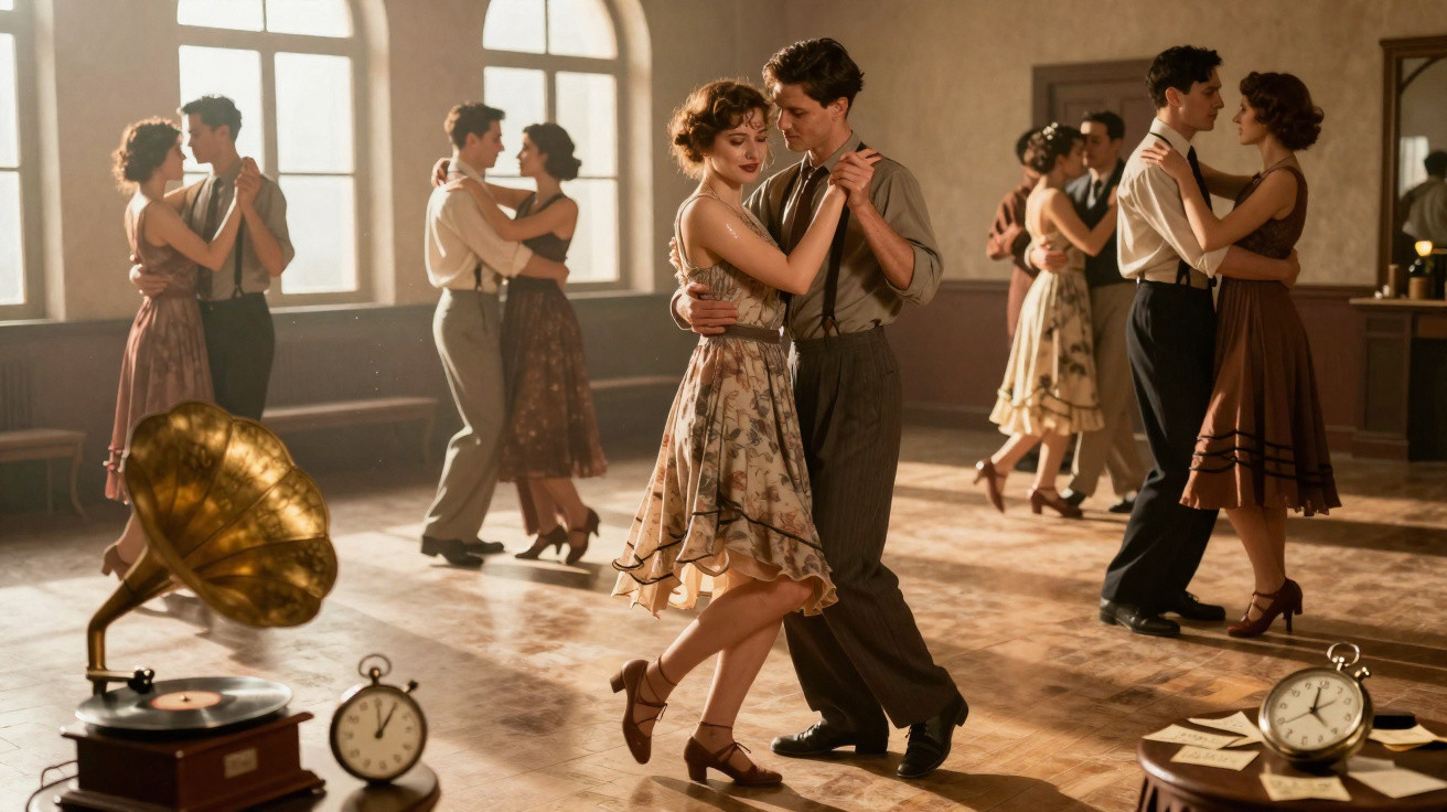 Couples in vintage clothing ballroom dancing in a sunlit room with gramophone and clocks nearby.