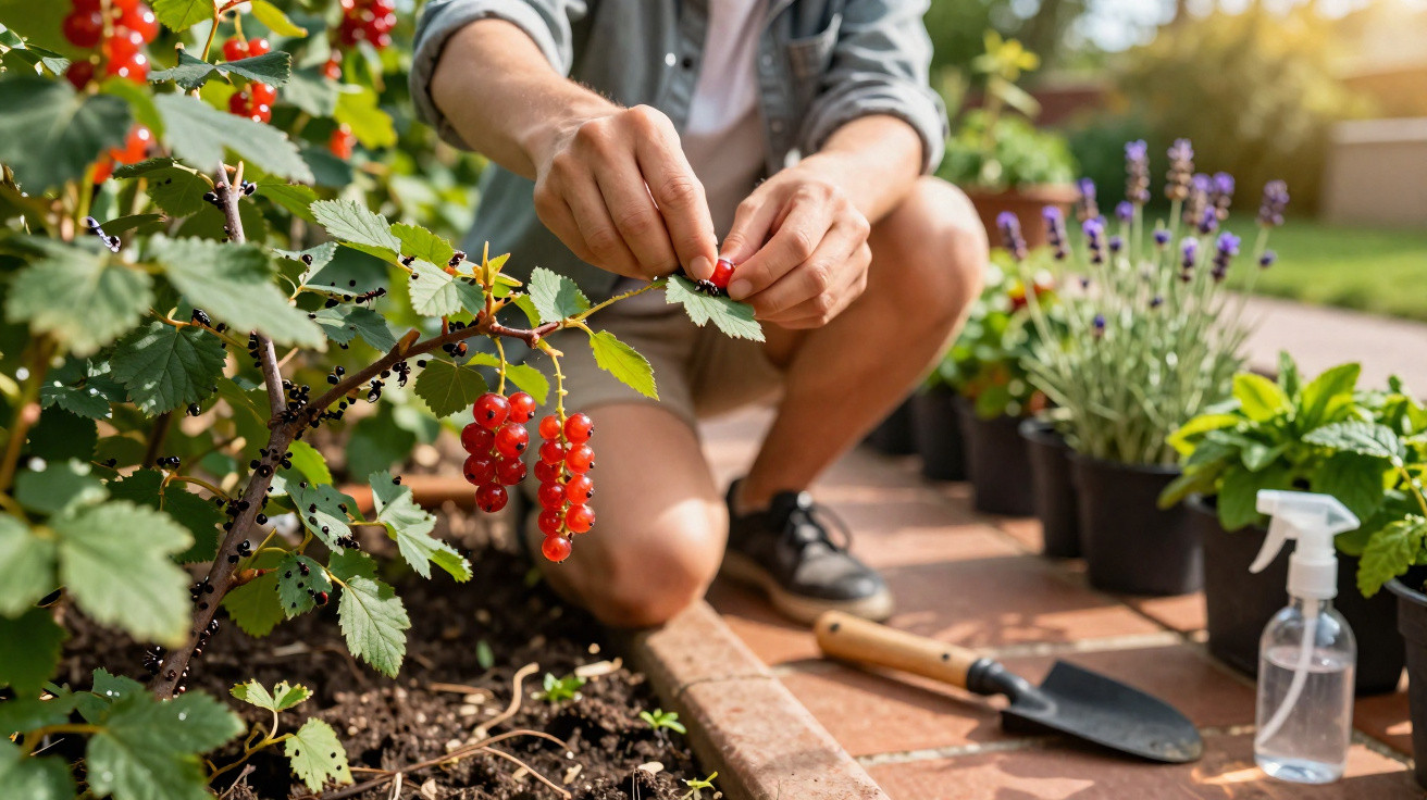 Person harvesting red currants from a bush in a garden with potted plants and gardening tools nearby.