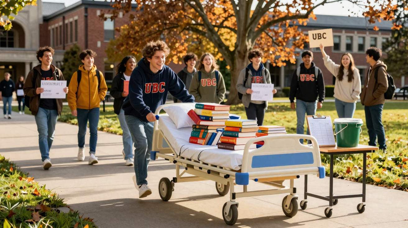 Group of happy students walking outside university campus, one pushing a hospital bed filled with books.