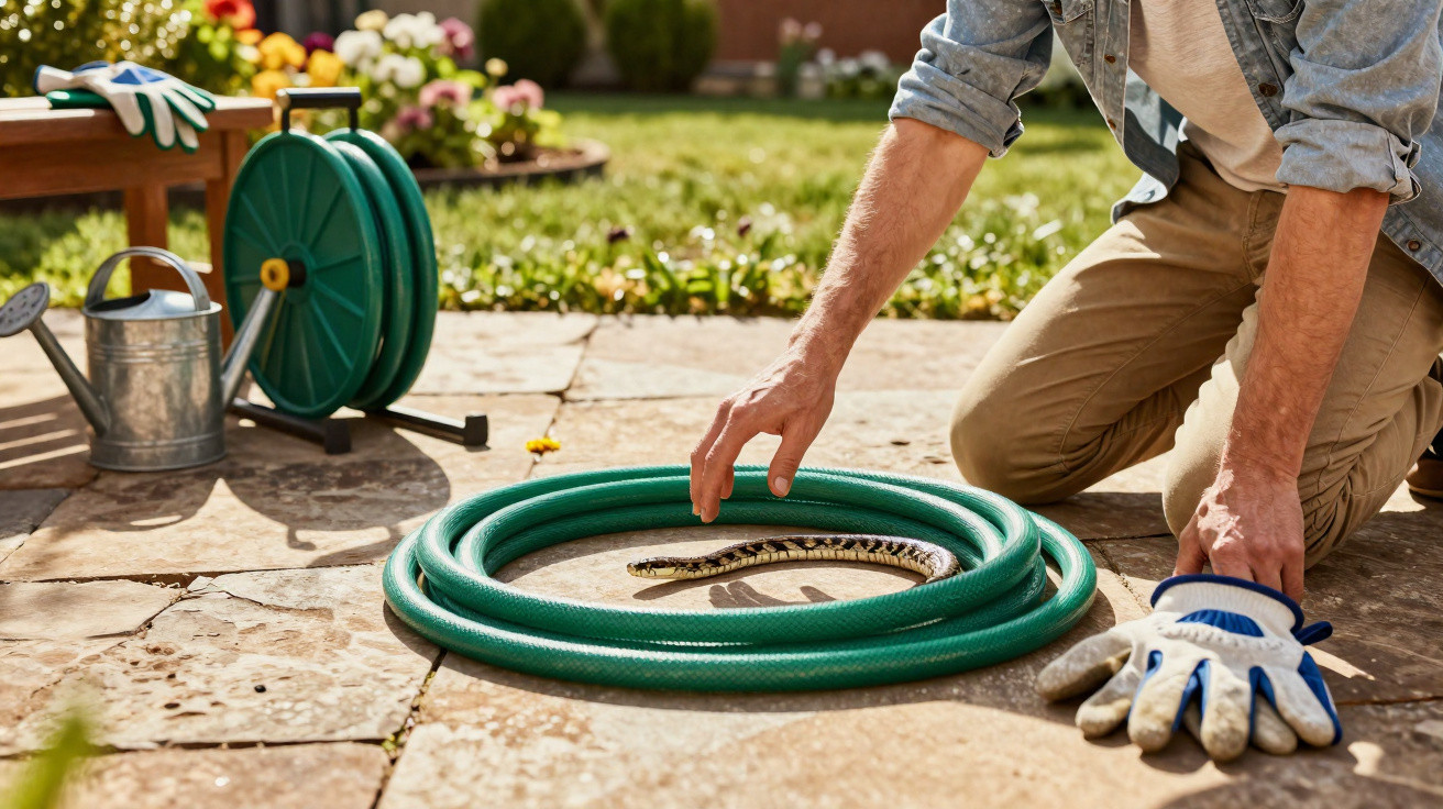 Person reaches towards a snake curled inside a green garden hose on a stone patio.