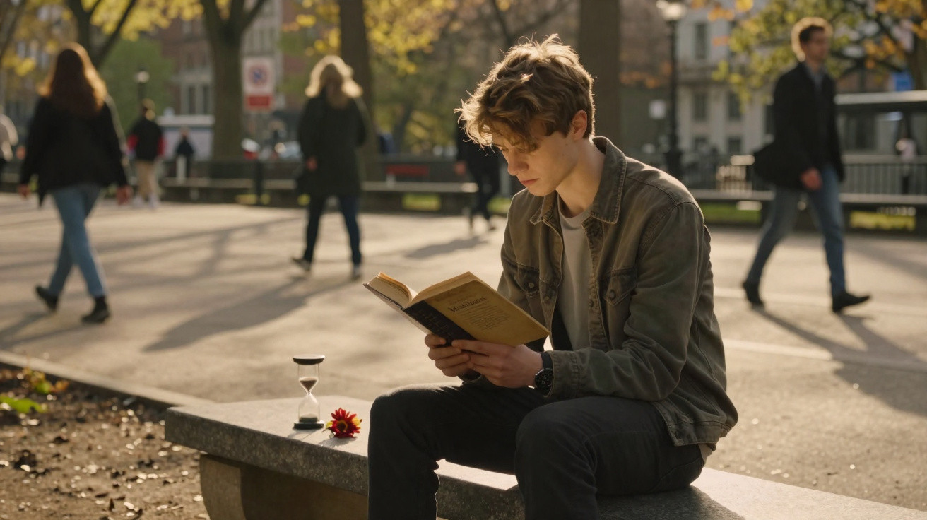 Young man reading a book on a park bench with an hourglass and red flower beside him.