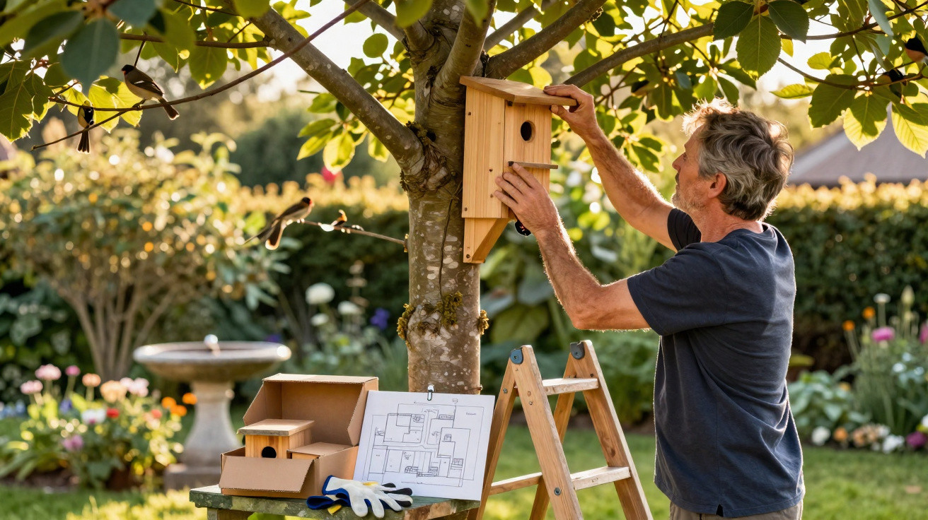Man installing a wooden birdhouse on a tree in a sunny garden with birds and gardening tools nearby.