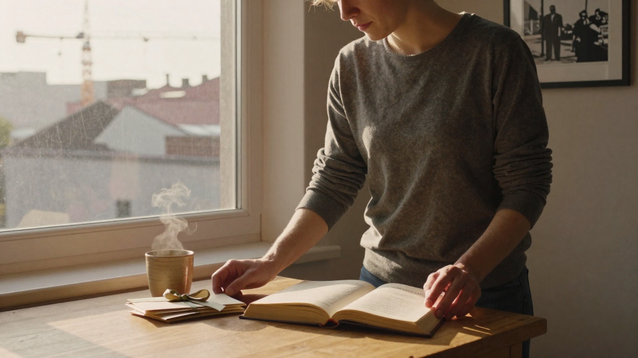 Person standing by a window reading a book on a wooden table with a steaming cup nearby
