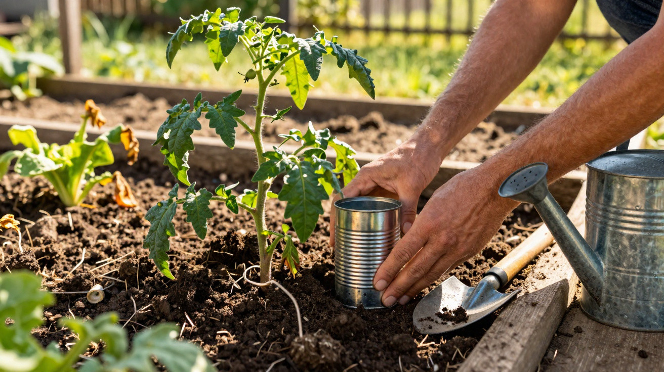 Hands placing a tin can around a young tomato plant in a garden bed with a watering can and trowel nearby.