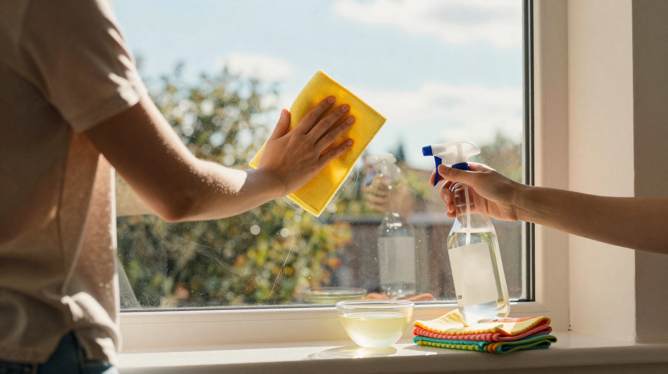 Two people cleaning a window with a yellow cloth and spray bottle on a sunny day