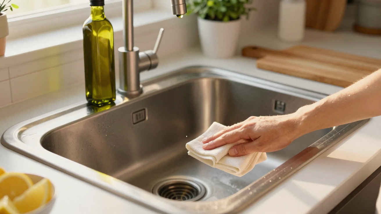 Hand wiping a clean stainless steel kitchen sink with a cloth under natural light.