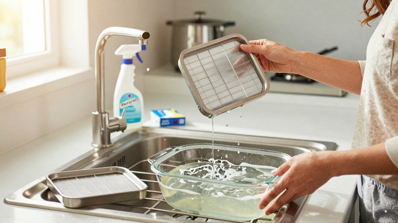 Person rinsing a greasy kitchen extractor fan filter over a glass dish in a stainless steel sink.