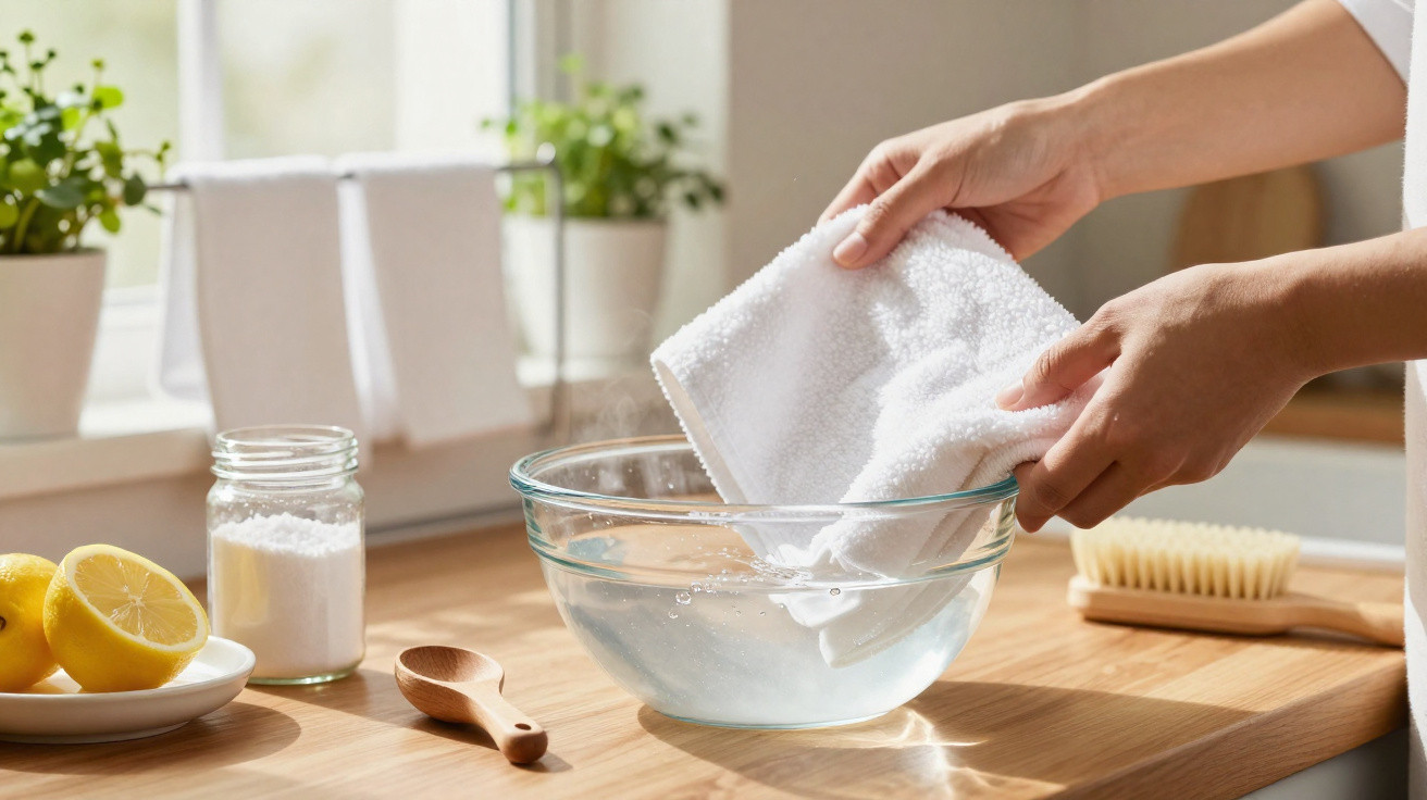 Hands dipping a white cloth into a glass bowl of water on a kitchen counter with lemons and cleaning supplies nearby.