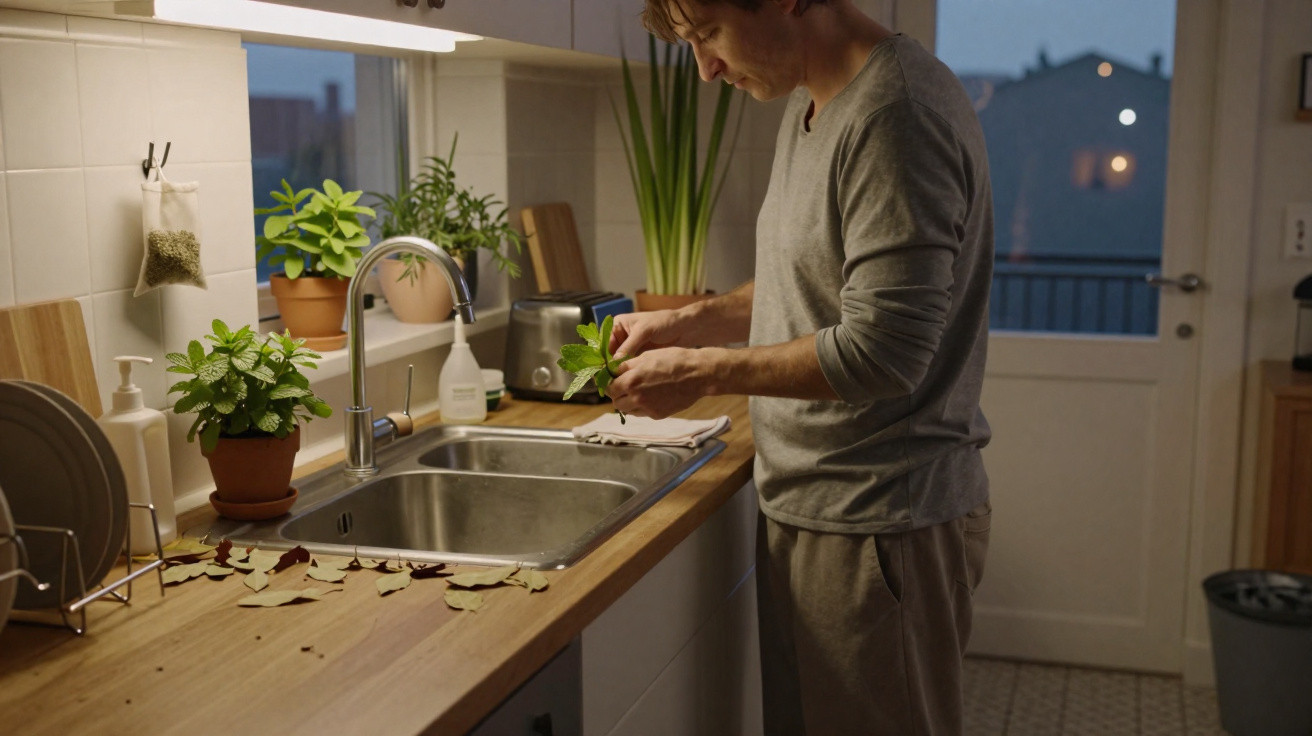 Person preparing fresh herbs at a kitchen sink with potted plants and evening city view outside the window.
