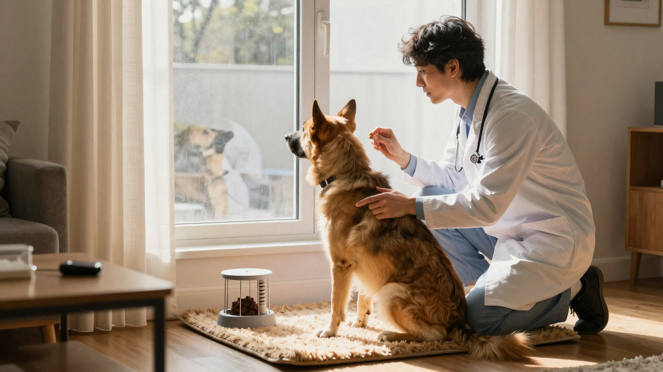 Veterinarian in white coat examining a German Shepherd dog sitting on a rug by a window in a living room.