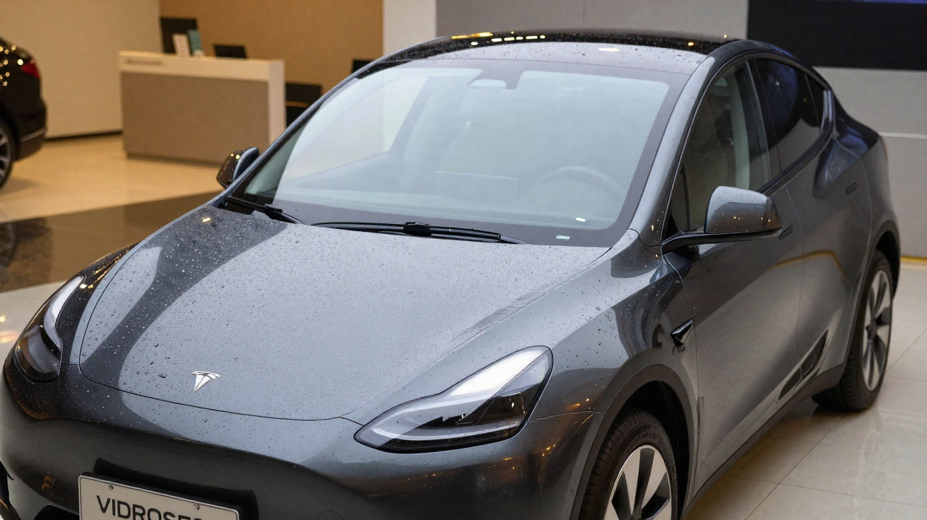 Grey Tesla Model Y electric car parked indoors with water droplets on the bonnet and windscreen.