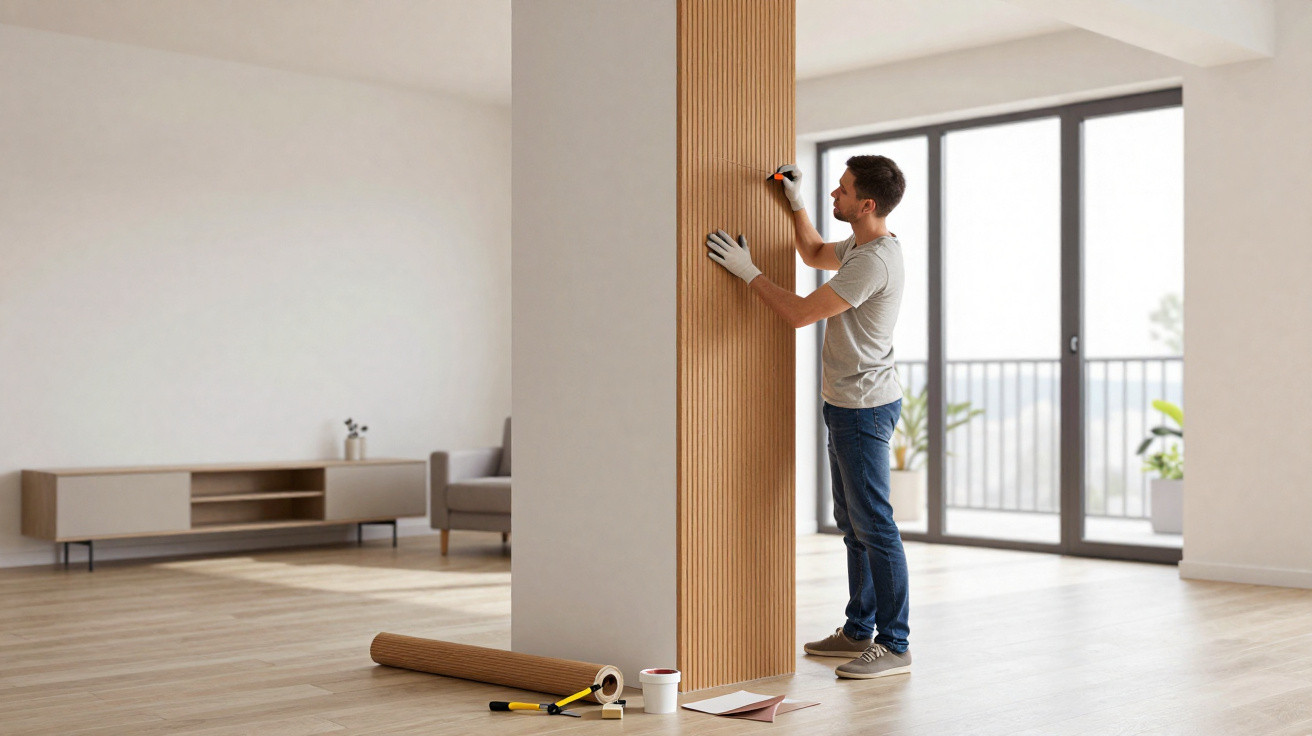 Man installing textured wallpaper on a pillar in a bright, spacious living room with wooden flooring.