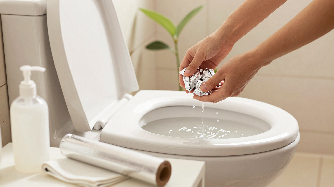 Person squeezing water from a cloth over a clean, open toilet bowl in a bathroom.