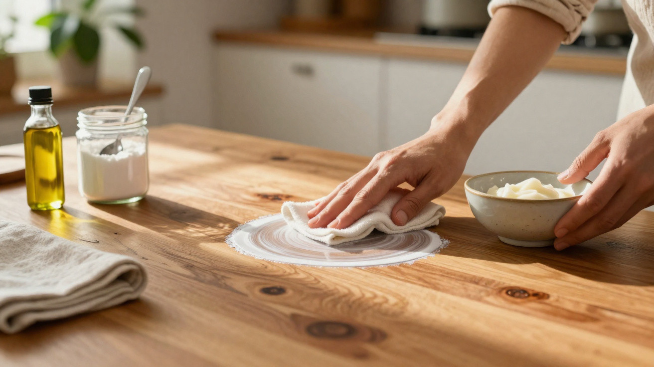 Person wiping a spill on a wooden kitchen table with a cloth, with oil and a jar nearby.