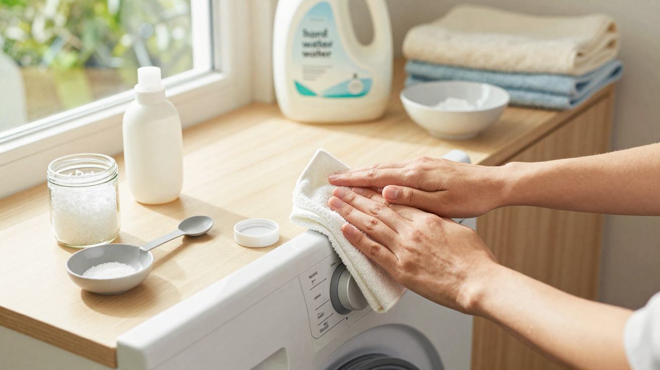 Hands wiping a washing machine control panel with a white cloth on a wooden surface near laundry supplies.
