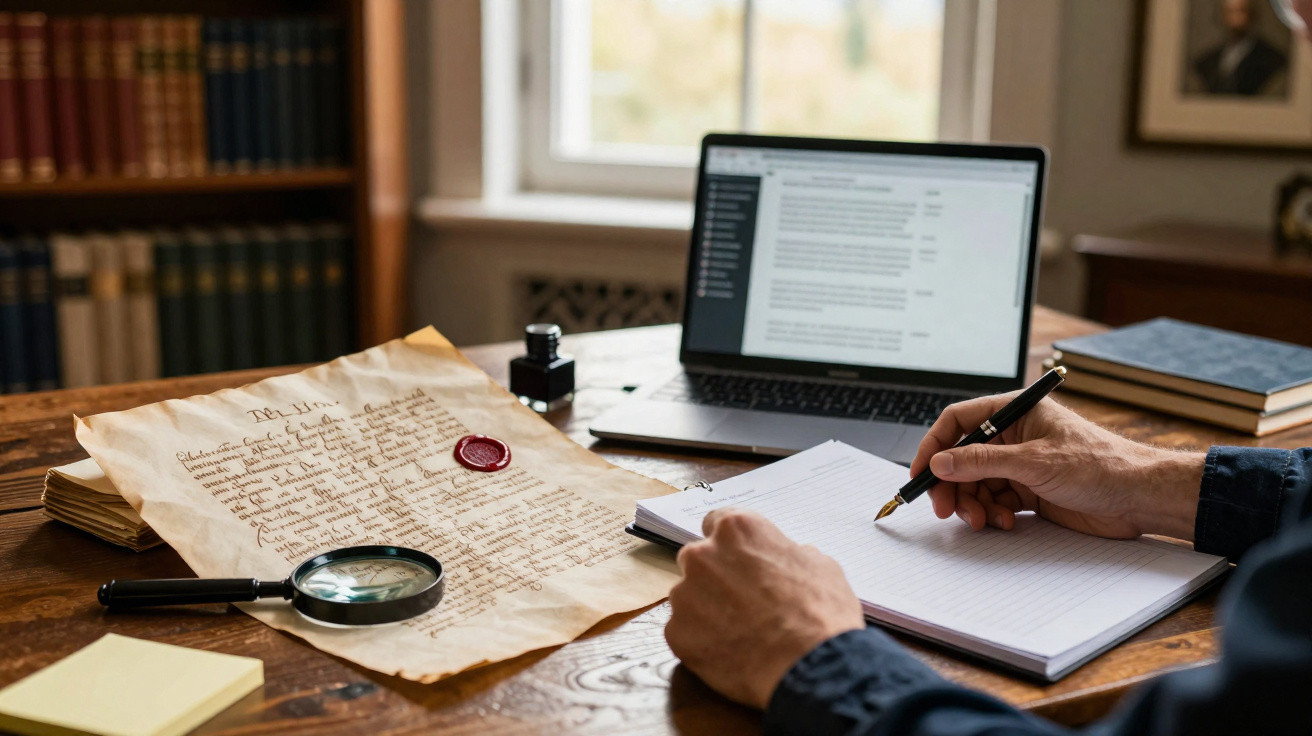 Person writing on notepad with vintage letter, magnifying glass, ink bottle, and laptop on wooden desk
