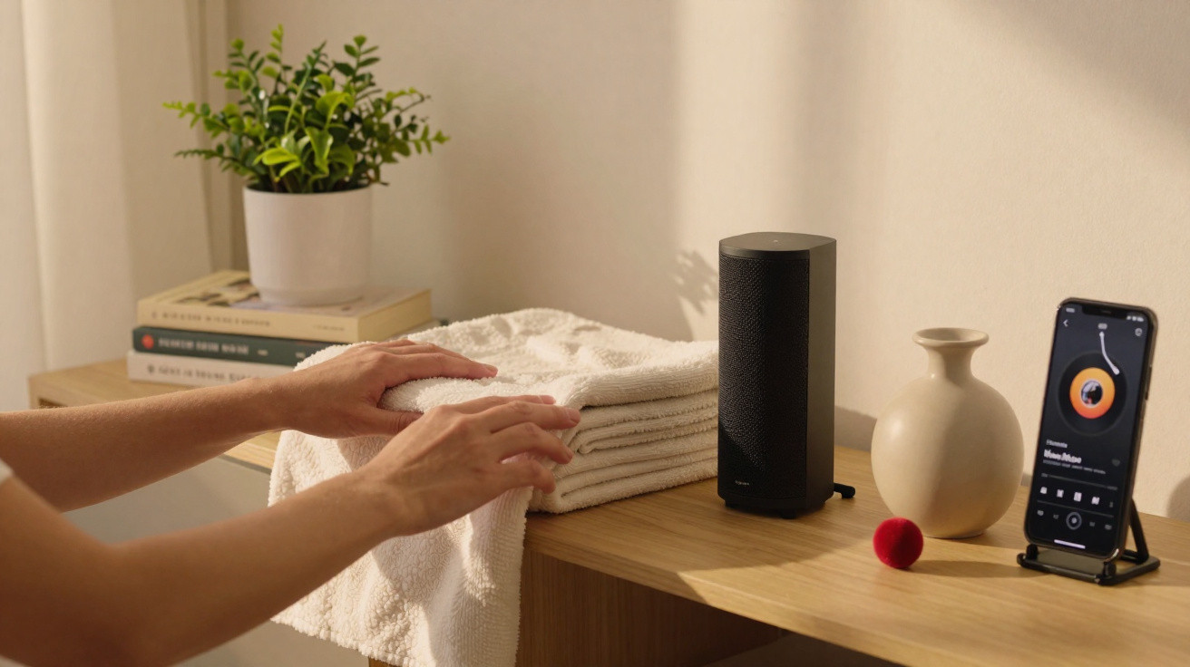Hands folding a white towel on a wooden surface with a plant, speaker, vase, and phone playing music nearby.