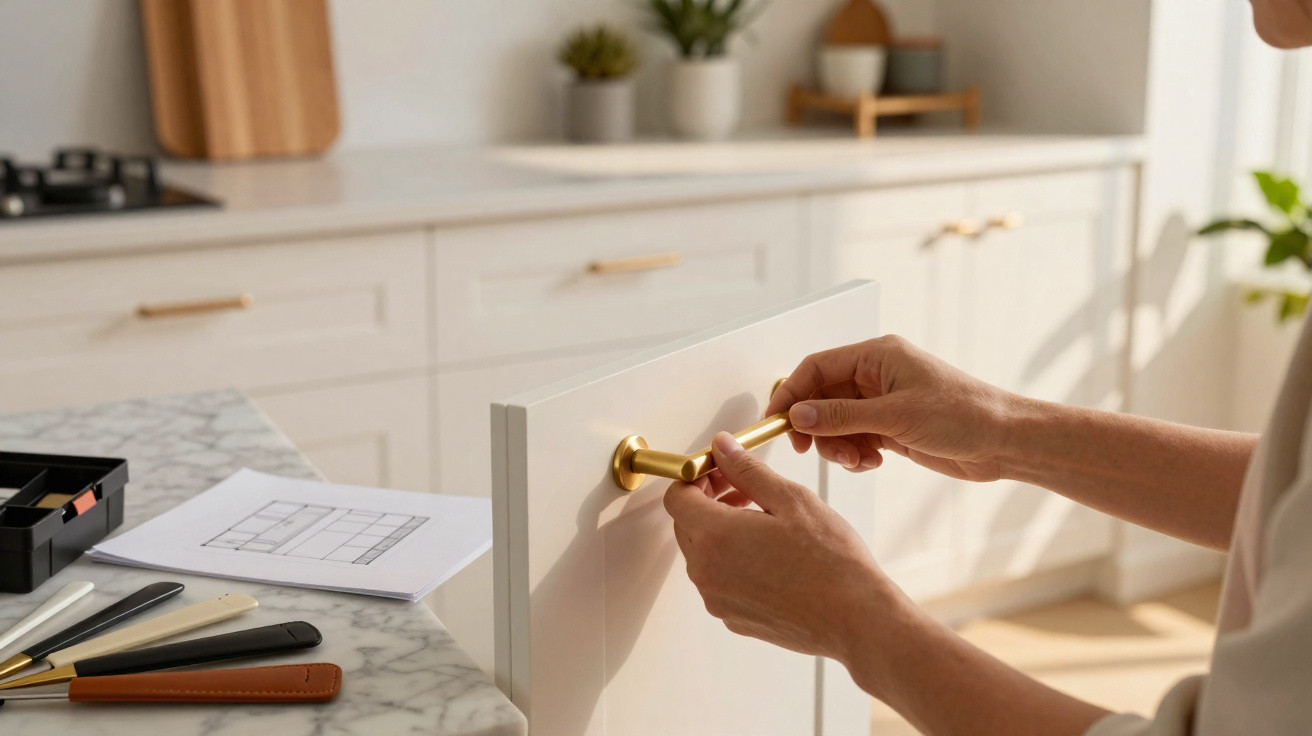 Hands fitting a gold handle onto a white kitchen cabinet door in a bright modern kitchen.