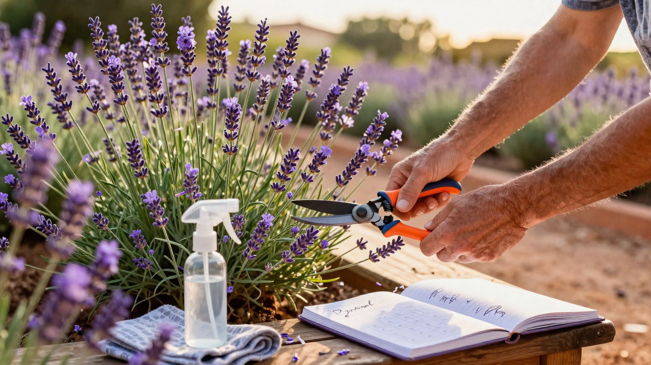Hands using pruning shears to cut lavender with a spray bottle, gardening gloves, and a notebook on a bench.