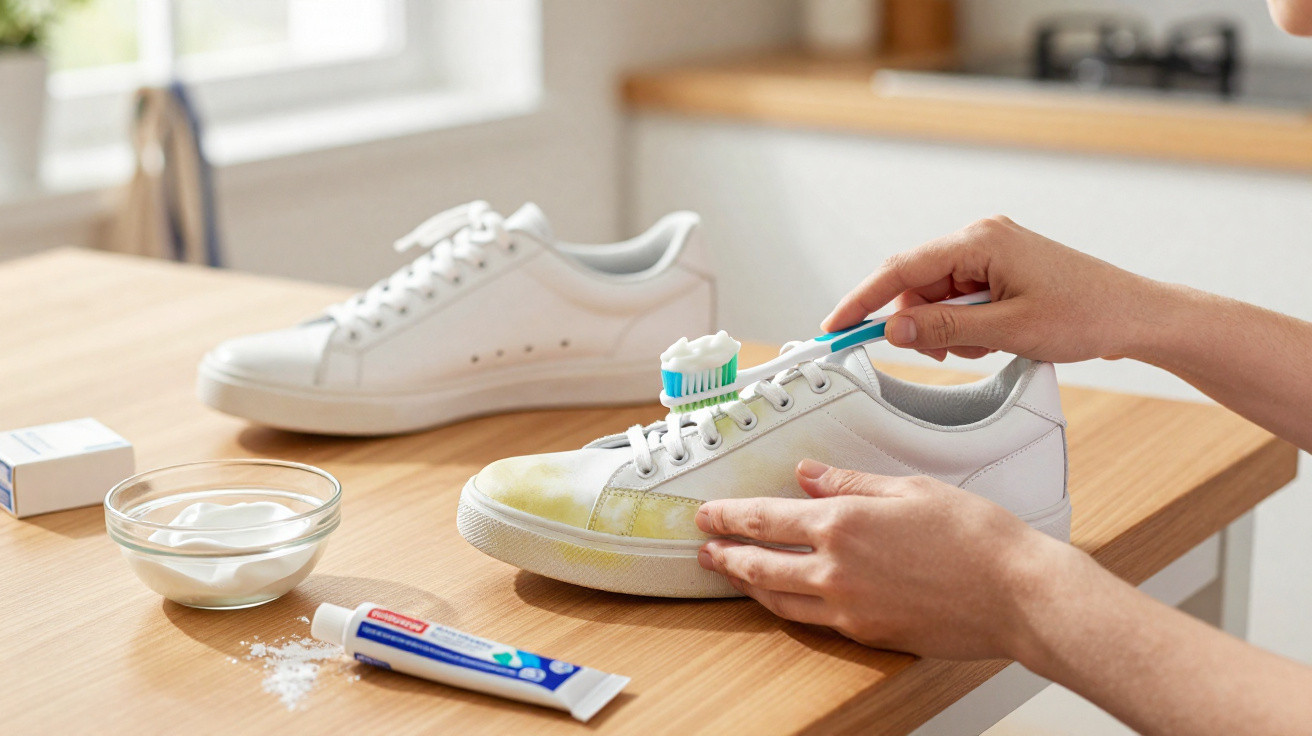 Person cleaning yellow stain off white trainer with toothpaste and toothbrush on wooden table in kitchen