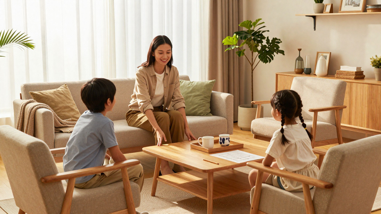 Woman and two children sitting in a living room around a wooden coffee table with cups and papers.