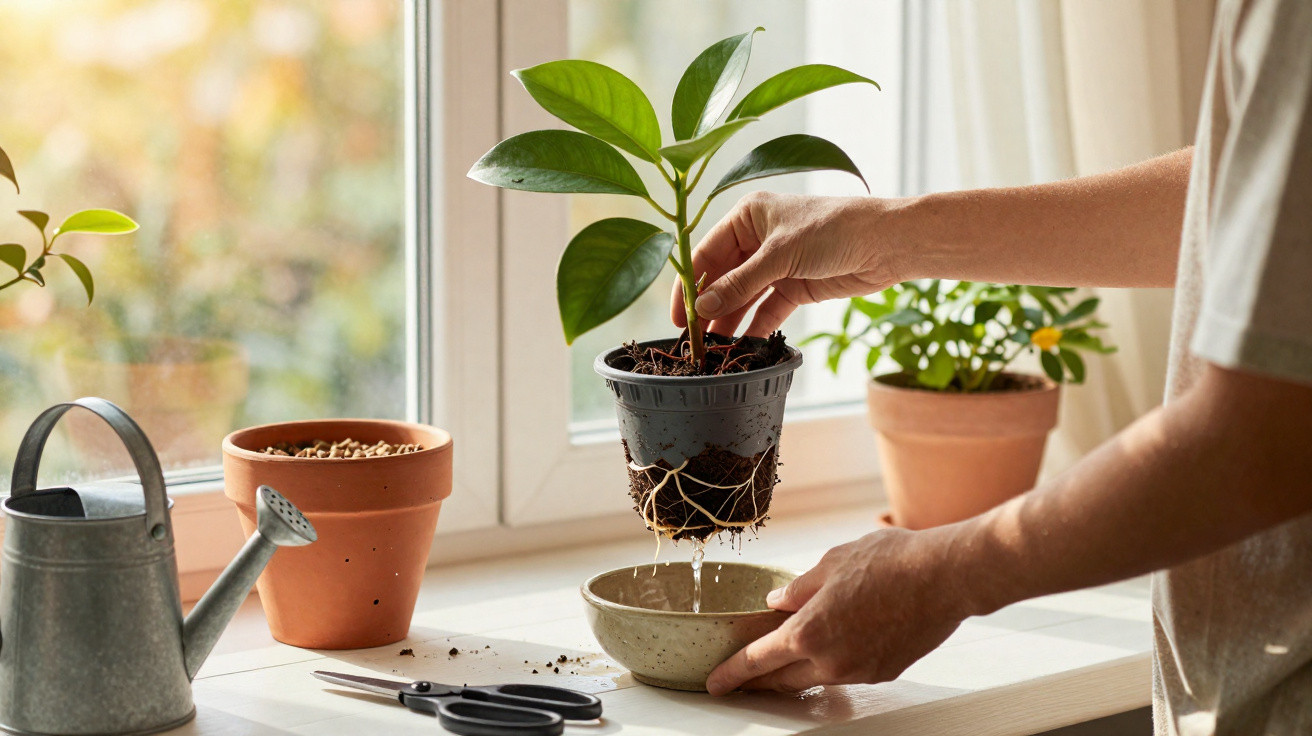 Person repotting a small green plant on a windowsill with gardening tools and pots nearby.
