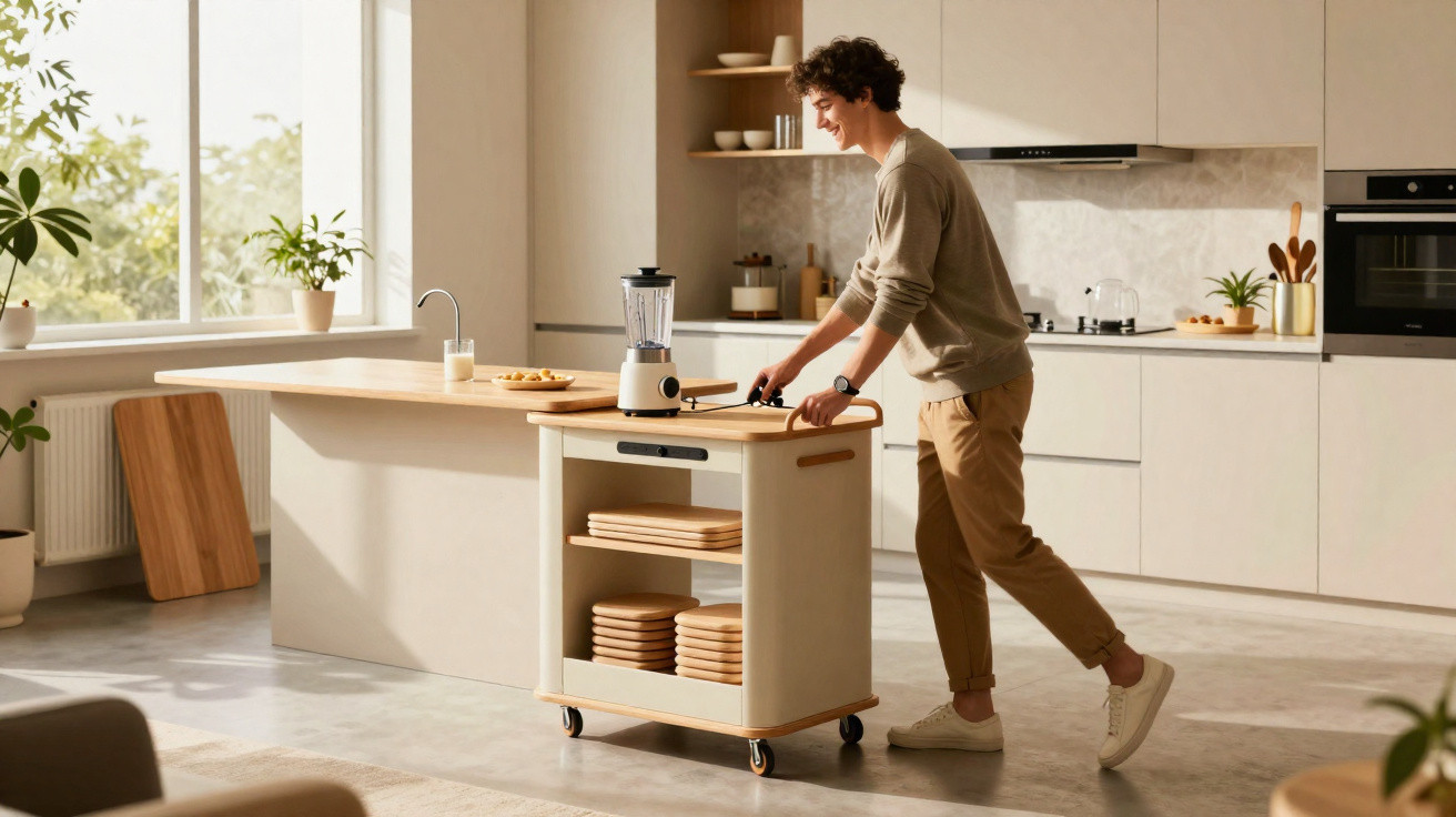 Young man preparing food in a modern kitchen with a mobile wooden kitchen island and natural light.