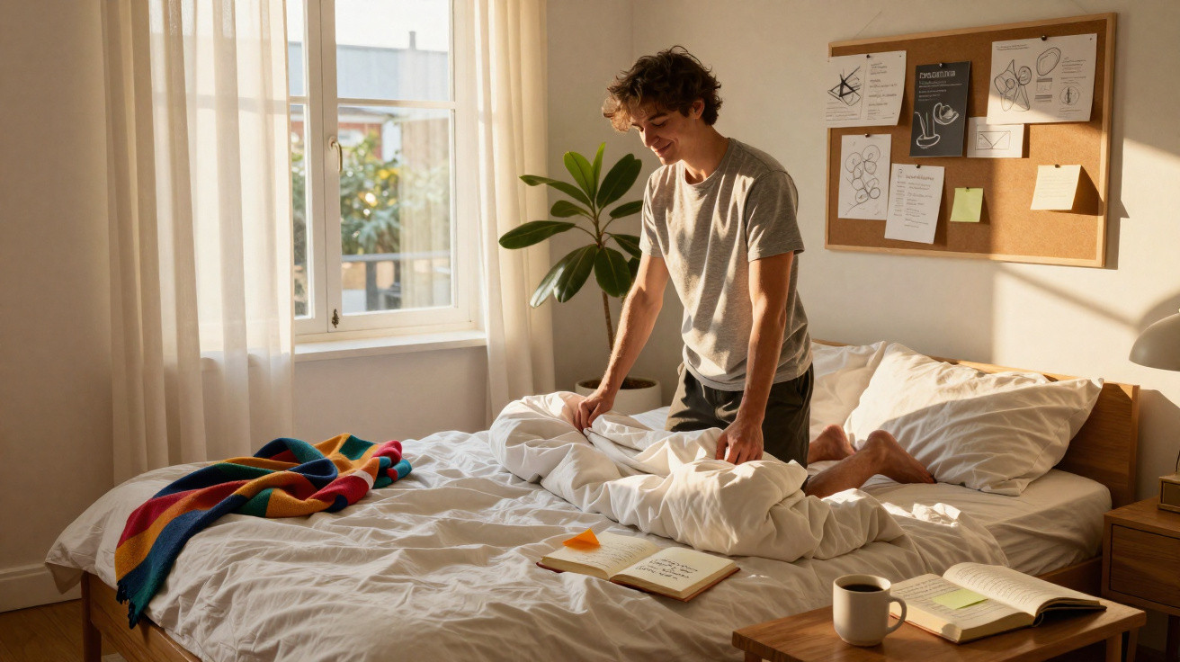 Young man making bed in a sunny bedroom with open books and a colourful blanket on the bed.