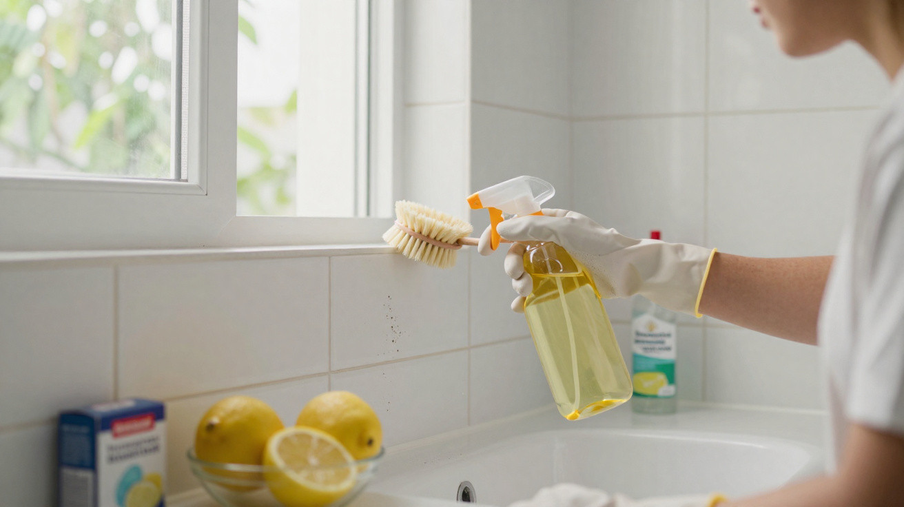 Person wearing gloves cleaning tiled wall near window with brush and spray bottle in bathroom or kitchen.