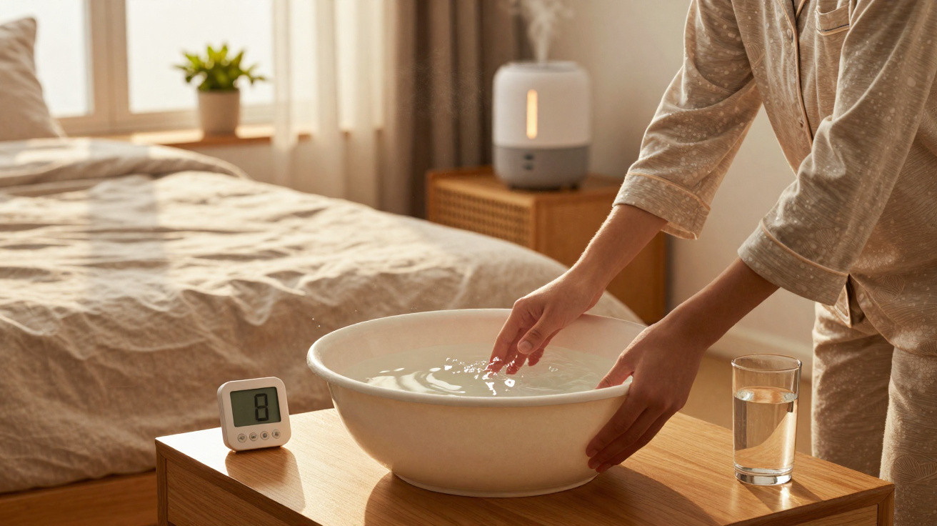 Person wearing beige pajamas testing water temperature in a white bowl on a wooden bedside table in a cosy bedroom.