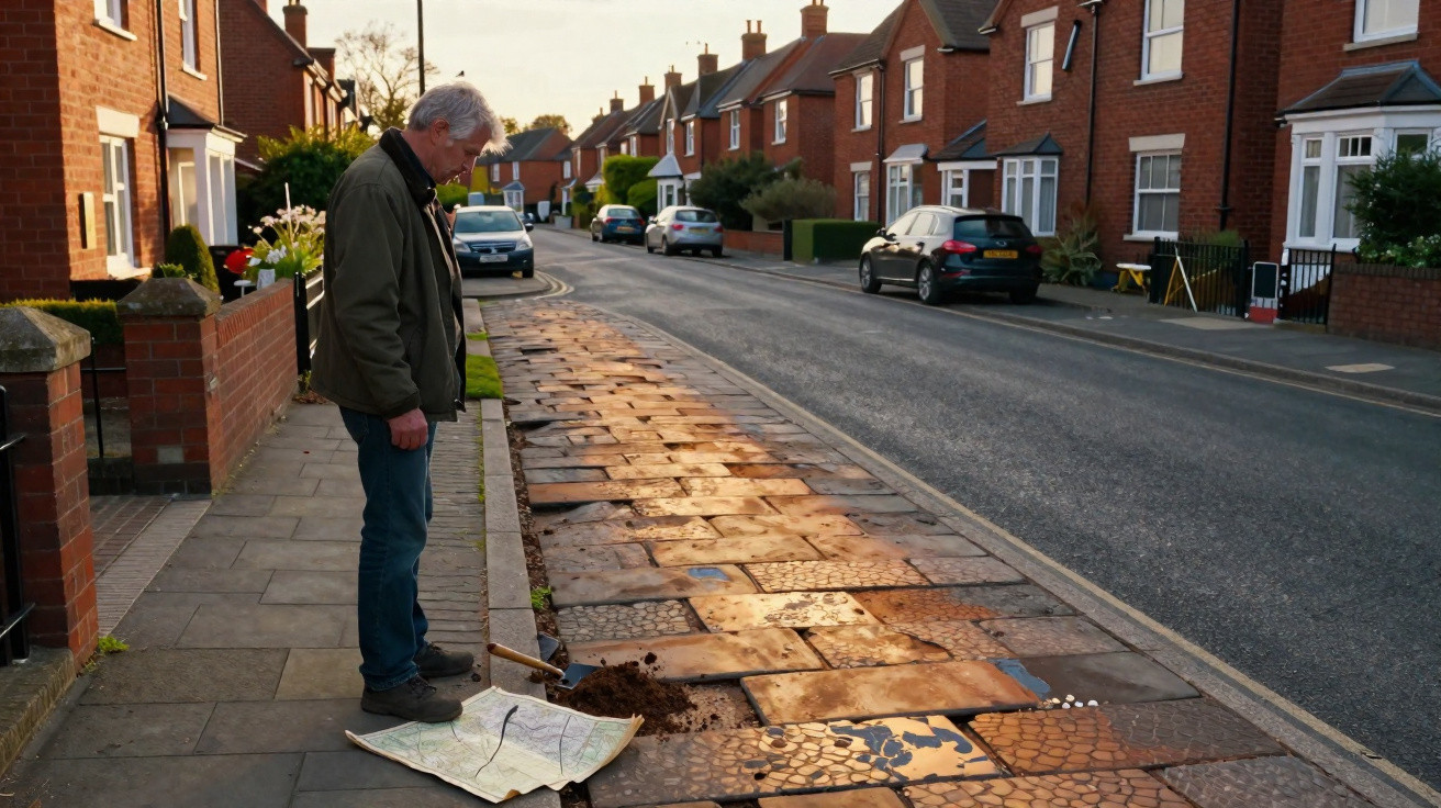 Man standing on pavement looking at newly installed patterned tiles on suburban street at sunset