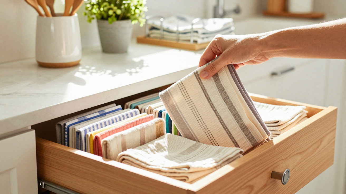 Hand pulling a striped tea towel from a neatly organised wooden drawer with folded tea towels in a bright kitchen.