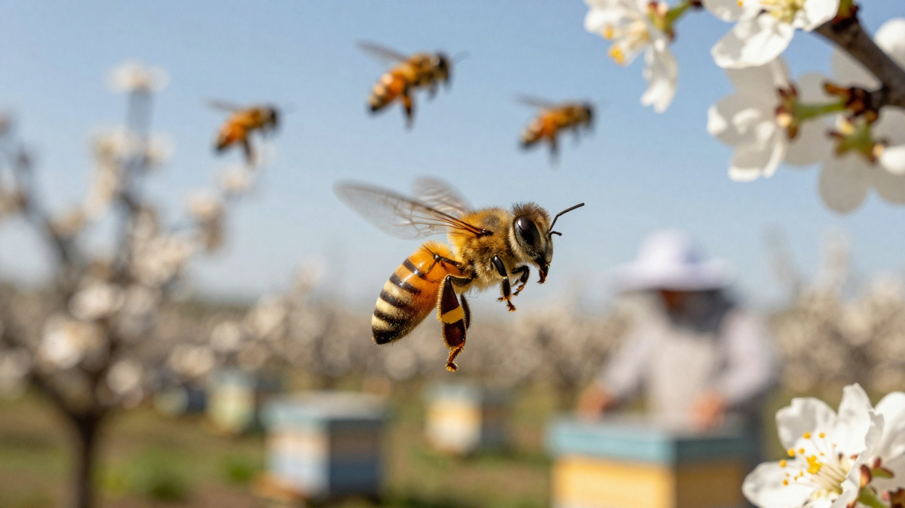 Close-up of a honeybee in flight near white blossoms with other bees and a beekeeper in the blurred background.