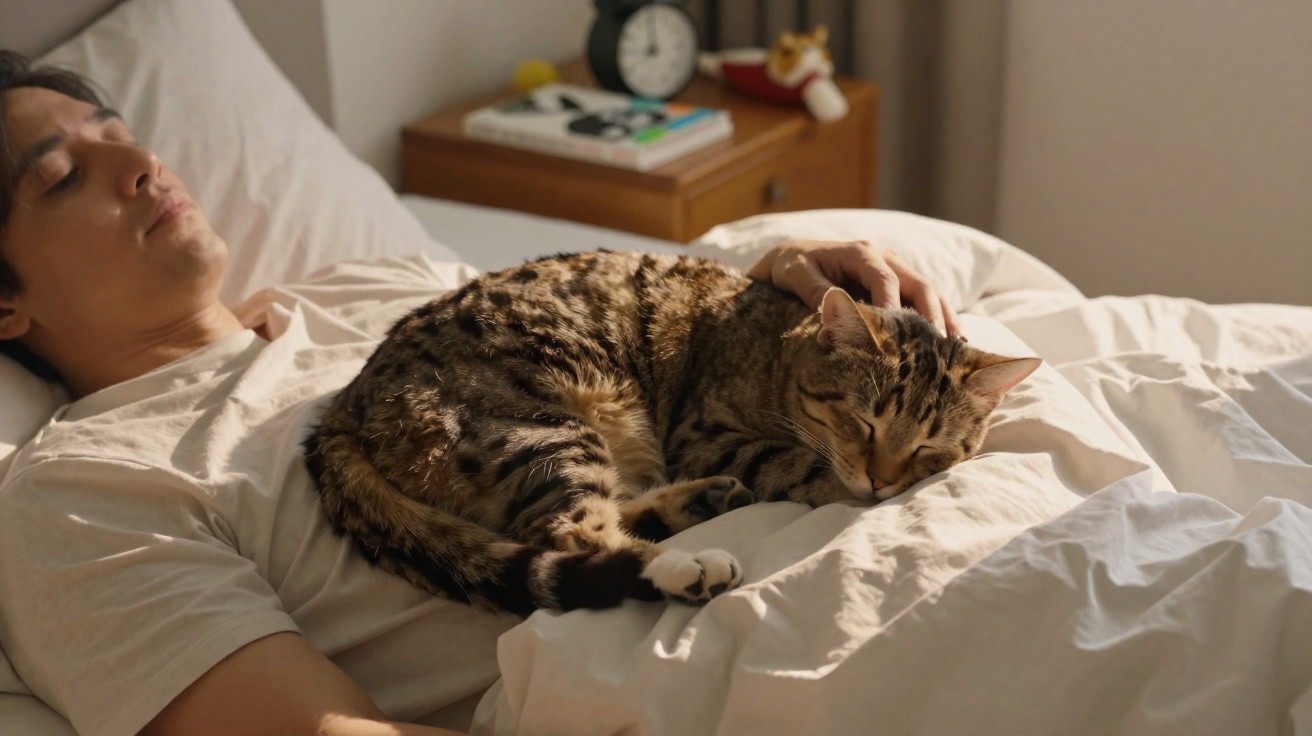 Man resting in bed with a tabby cat sleeping on his chest in a softly lit bedroom.