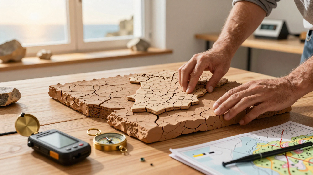 Hands assembling a cracked earth puzzle on a wooden table with a compass, GPS device, and a map nearby.