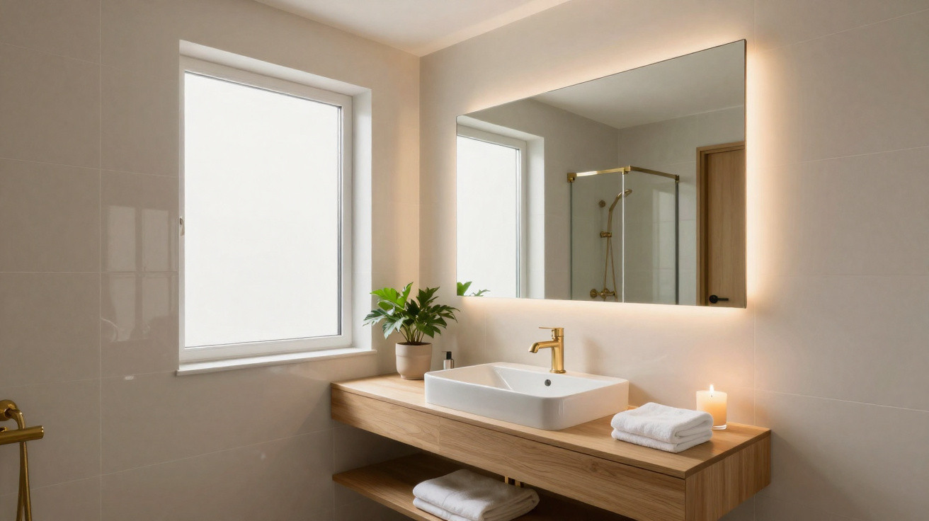 Modern bathroom with wooden vanity, white sink, gold faucet, backlit mirror, potted plant, and folded towels.