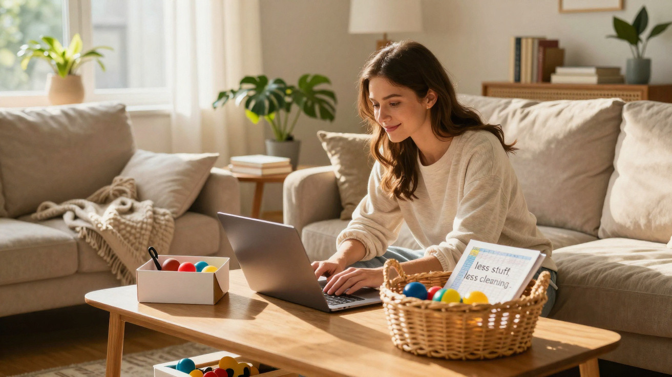 Young woman using laptop on coffee table in bright living room with cushions and plants in the background.