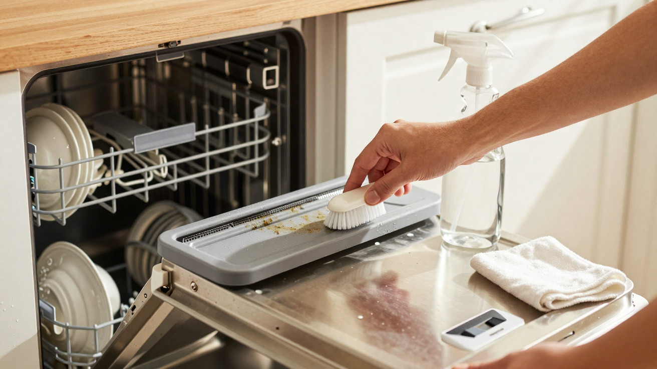 Hand scrubbing dishwasher filter on open dishwasher door with spray bottle and cloth nearby in kitchen.