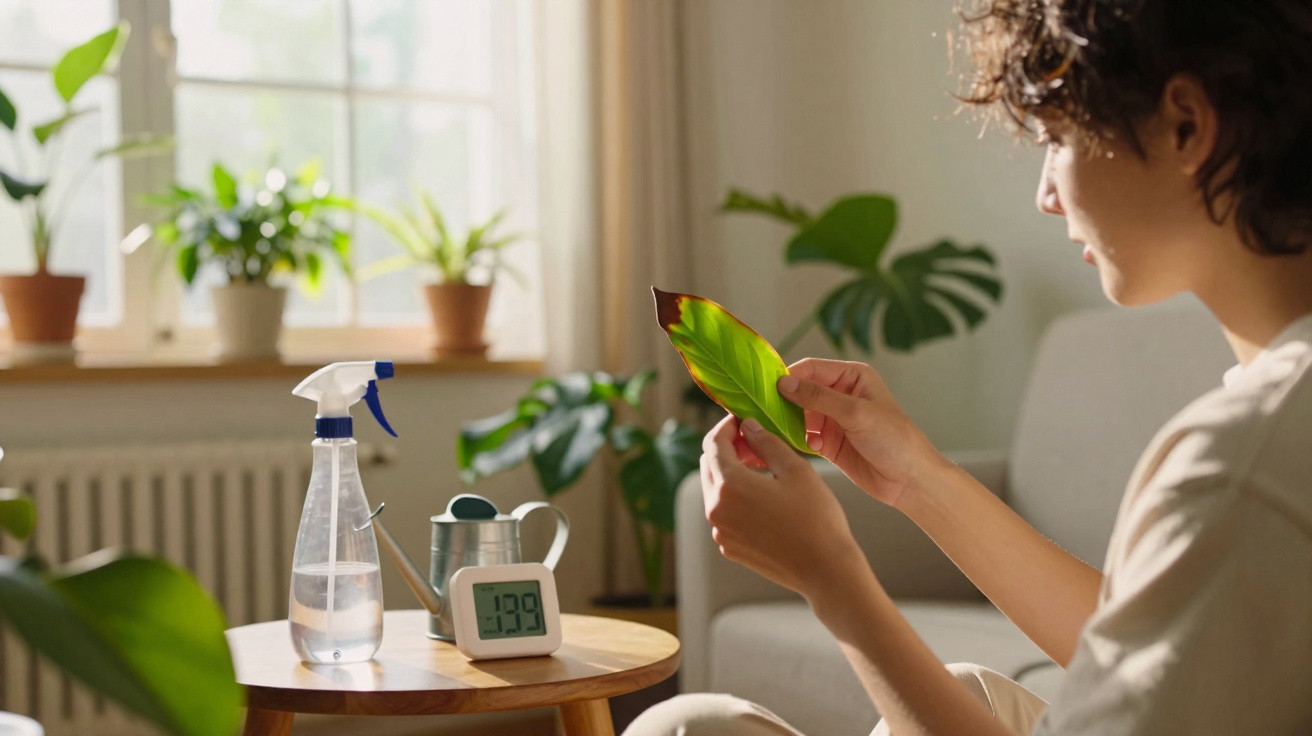 Person examining a wilting leaf in a sunlit room with plants, spray bottle, watering can, and digital hygrometer on table.