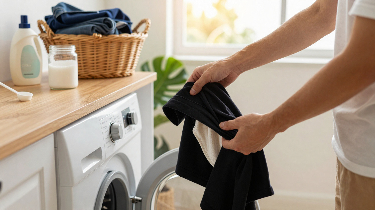 Person placing black and white clothes into a front-loading washing machine in a bright laundry room.