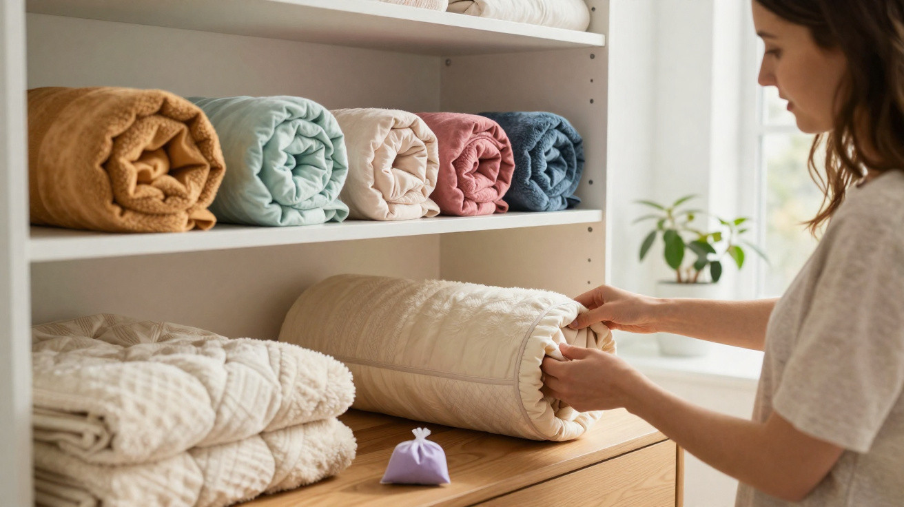 Person organising rolled blankets on wooden shelves in a cosy, well-lit room with a small plant by the window.