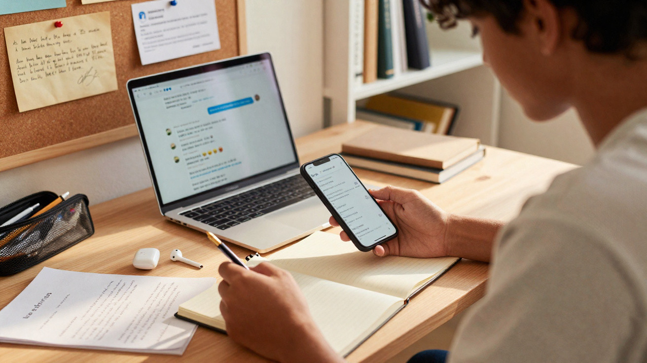 Person using smartphone and laptop for messaging while taking notes at a wooden desk with books and papers.