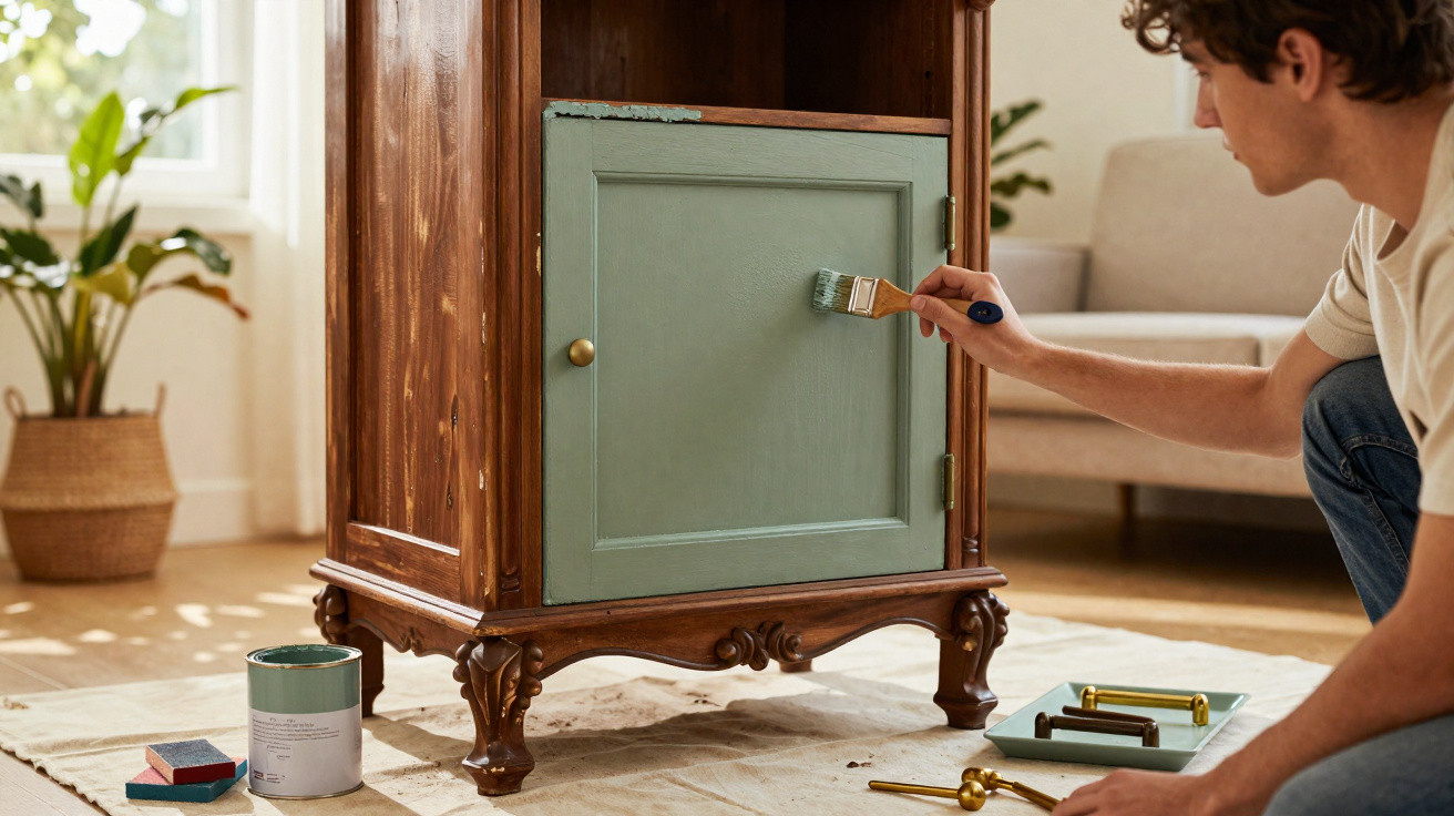 Person painting a cabinet door green on an antique wooden side table in a bright living room.