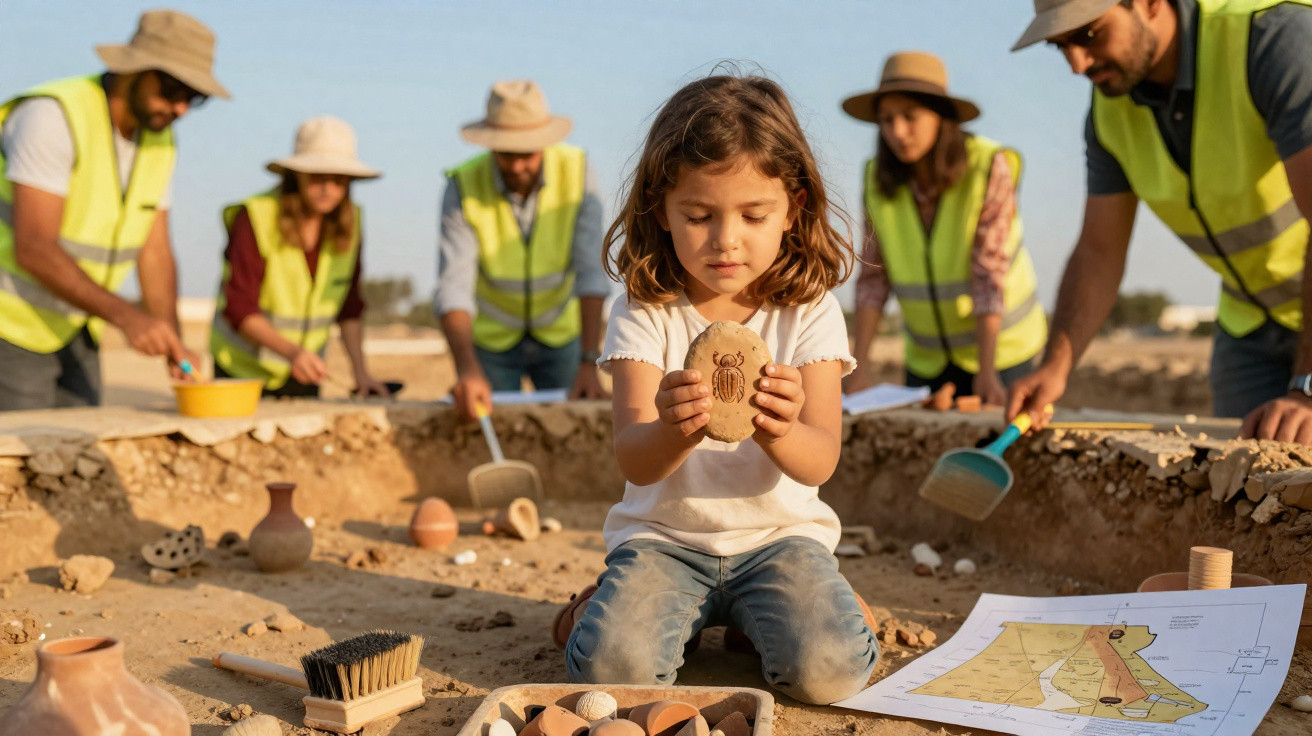 Young girl examining an ancient pottery shard at an archaeological dig site with a team in high-visibility vests.