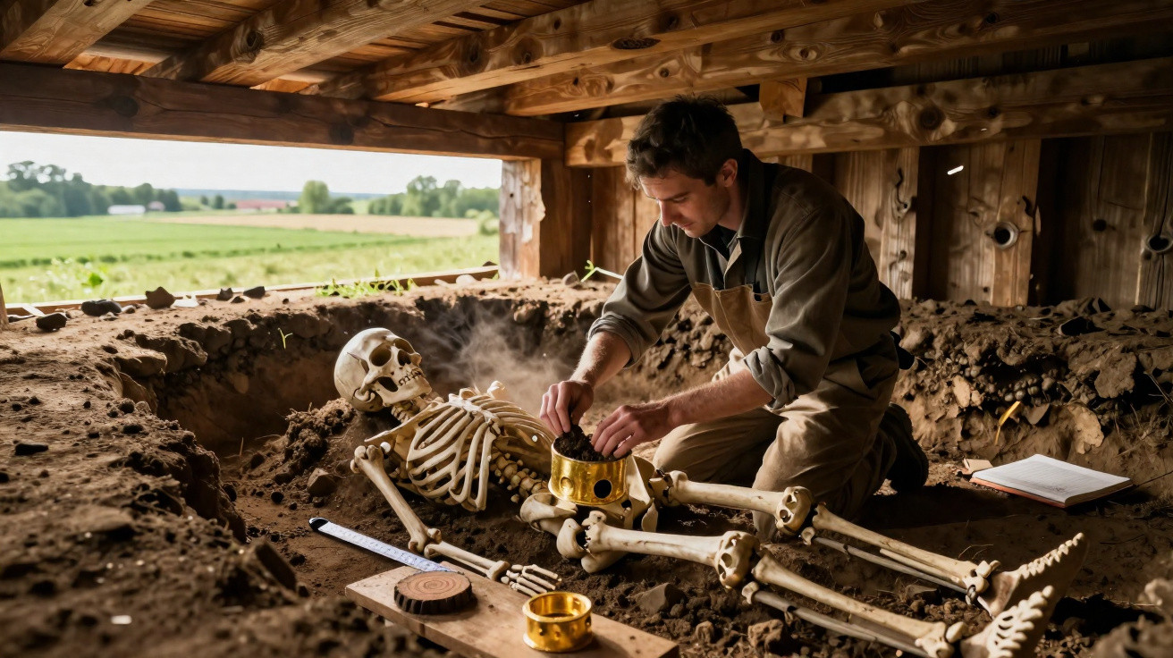 Archaeologist carefully placing artefact into a skeleton at an outdoor excavation site under wooden shelter.