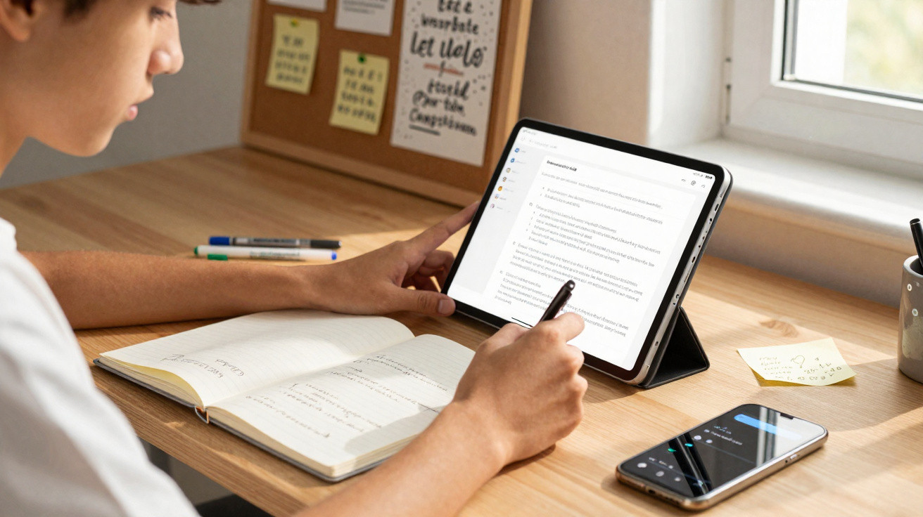 Person writing notes in a notebook while referring to a document on a tablet at a wooden desk near a window.
